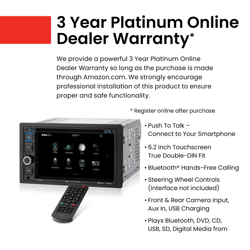 BOSS Audio Systems BV9364B Car Stereo DVD Player - Double Din, Bluetooth Audio/Hands-Free Calling, 6.2 Inch Touchscreen LCD Monitor, MP3 Player, CD, DVD, USB Port, SD, AUX Input, AM/FM Radio Receiver - Image 2