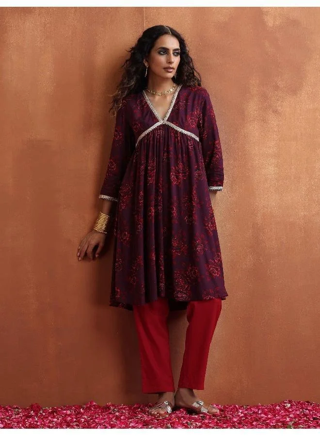 ترو برونز trueBrowns Purple Floral Print Anarkali Kurta Co-ord Set