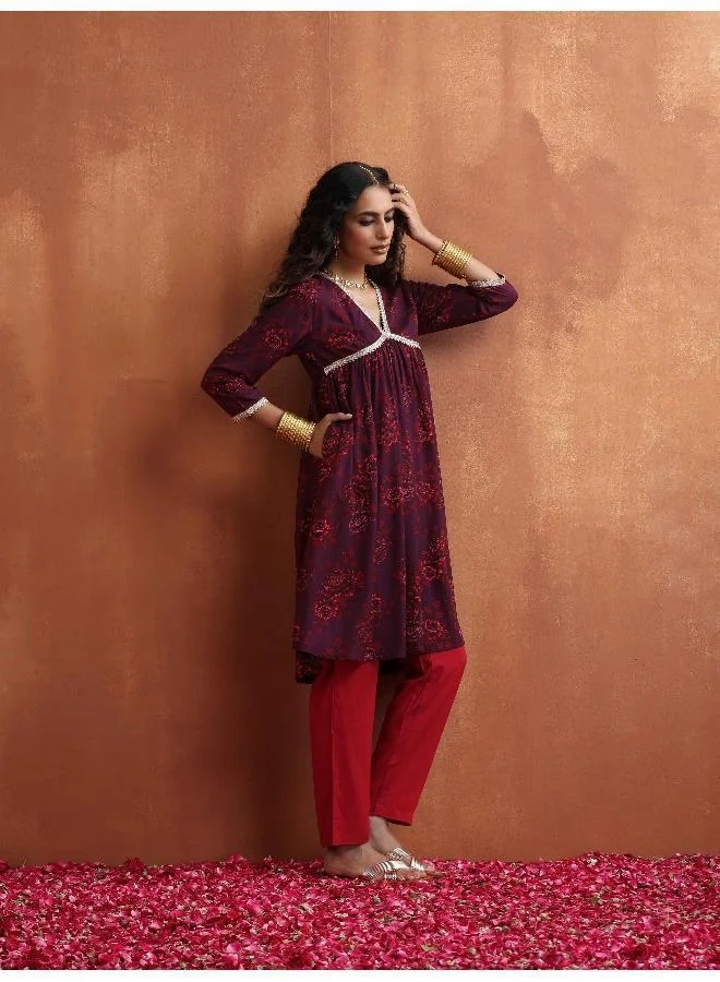 trueBrowns Purple Floral Print Anarkali Kurta Co-ord Set
