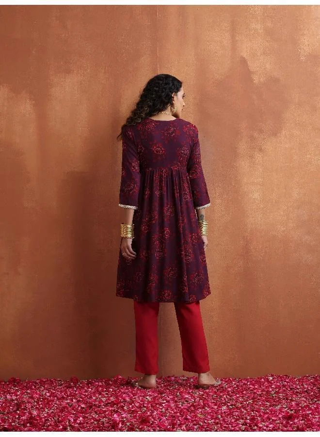 trueBrowns Purple Floral Print Anarkali Kurta Co-ord Set