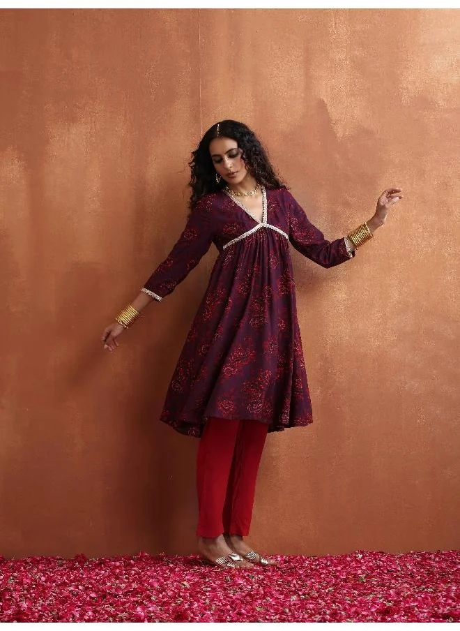 ترو برونز trueBrowns Purple Floral Print Anarkali Kurta Co-ord Set