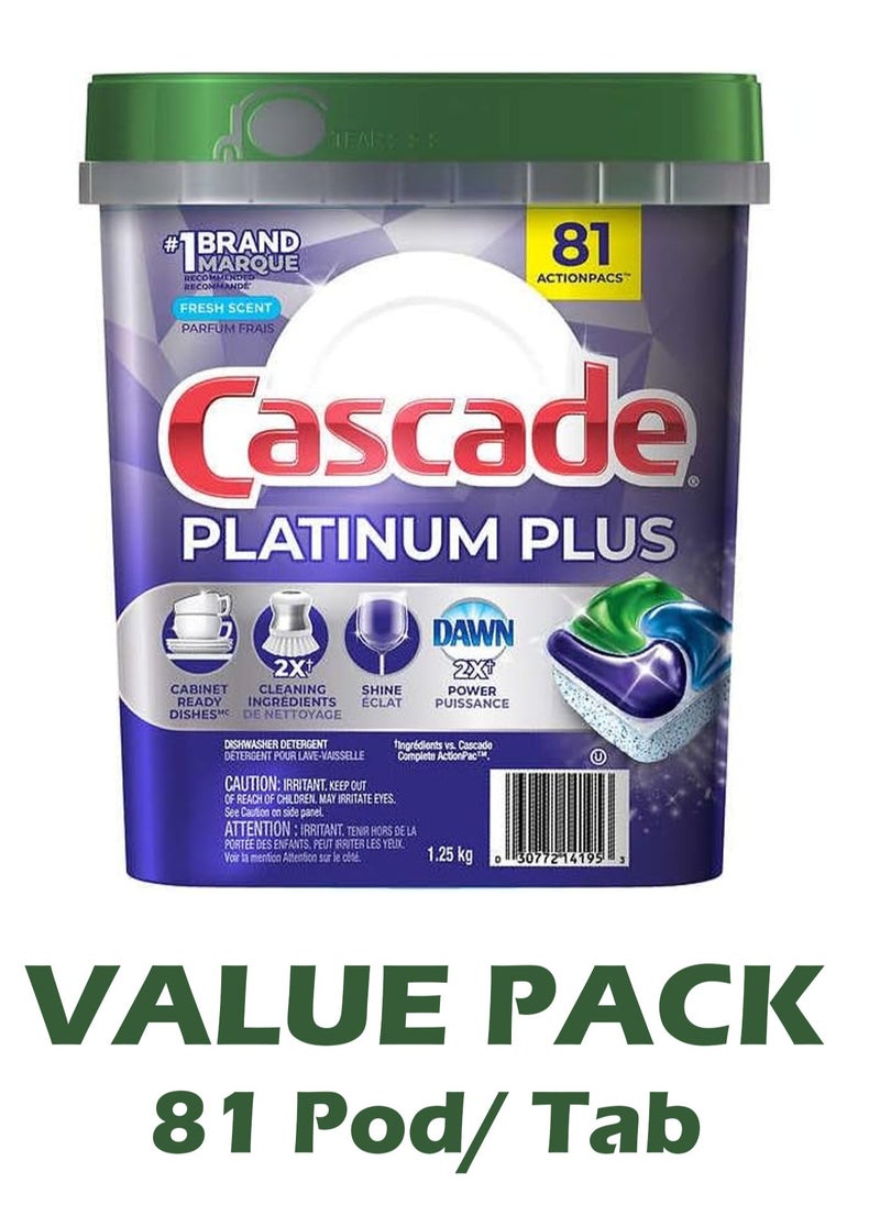 Cascade Cascade Platinum Plus Automatic Dishwasher Detergent ActionPacs, Fresh, With Grease Fighting Of Dawn 81Tablet/Pods Green /Purple 1.25 kg  - Image 1