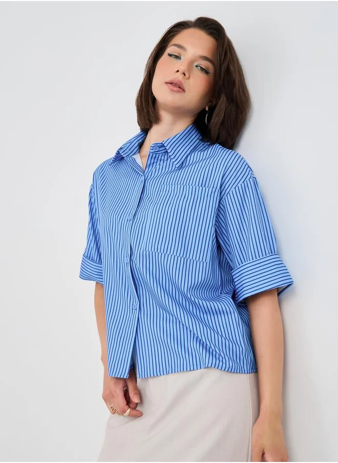 تايك تو Take Two Striped Short Sleeve Spread Collar Shirt