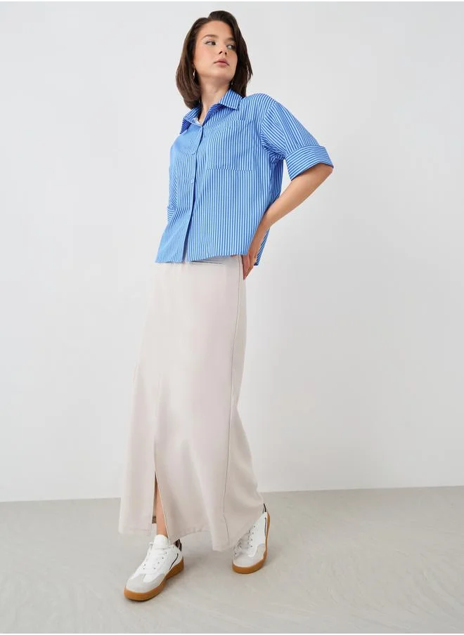 تايك تو Take Two Striped Short Sleeve Spread Collar Shirt