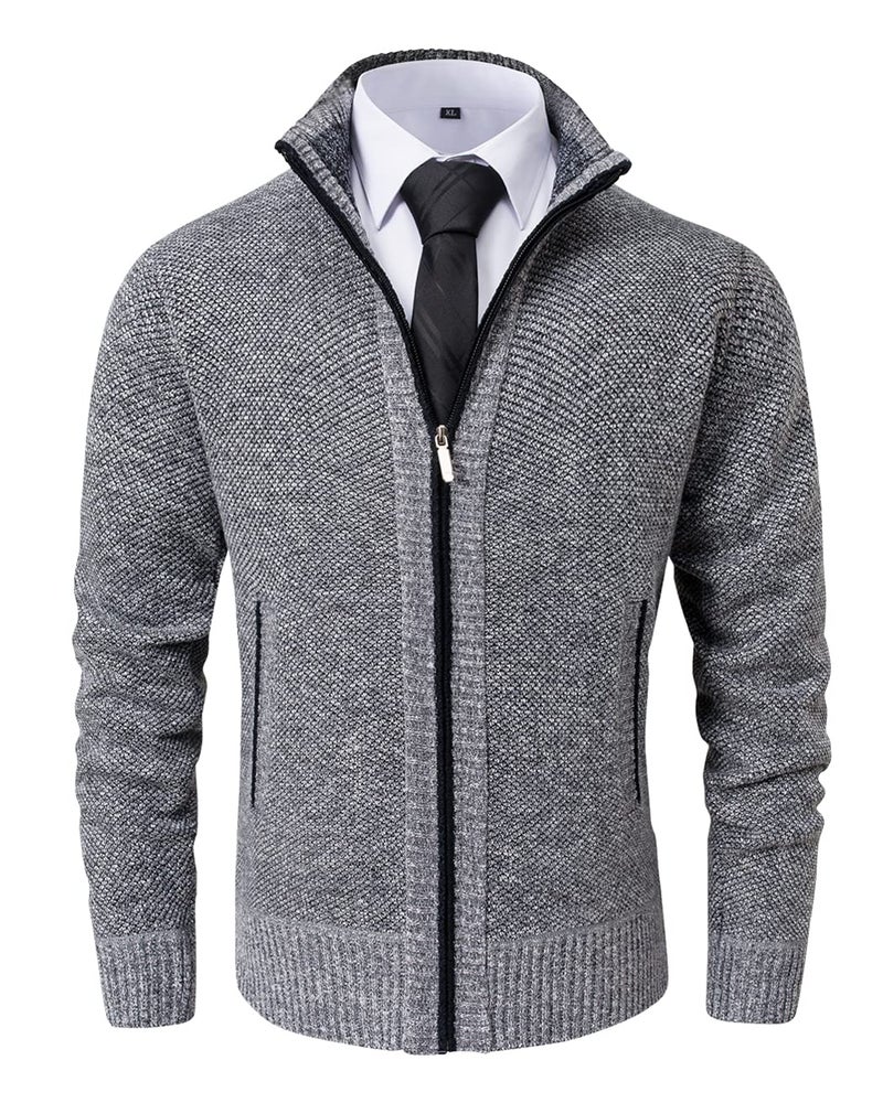 Vcansion Men's Classic Stand Collar Full Zip Knitted Cardigan Sweaters with Pockets Light Grey XL - Image 1