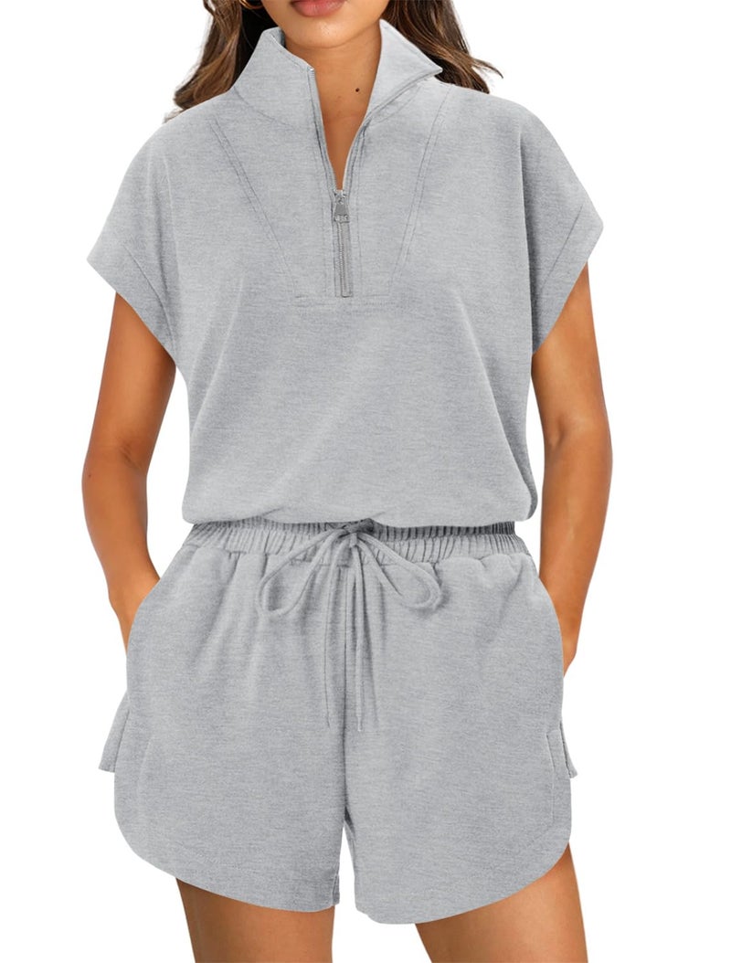 KISSMODA Two Piece Sets for Women Sweatsuit Half Zip Casual Tracksuits Short Sleeve Pullover Tops and Shorts 2026 Lounge Outfits Light Grey XX-Large