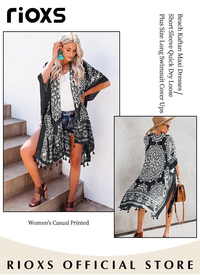 RIOXS - Women's Summer Fashion Printed Print Kimono Casual Open Front Cover up Long Cardigan Loose Beach Swimsuit Cover up - Image 1