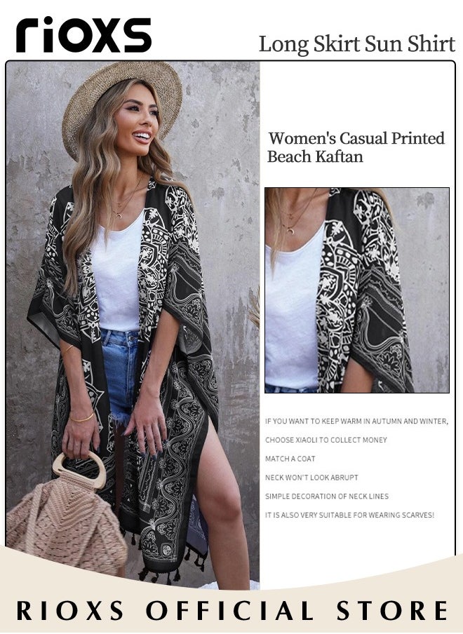 RIOXS - Women's Summer Fashion Printed Print Kimono Casual Open Front Cover up Long Cardigan Loose Beach Swimsuit Cover up - Image 1
