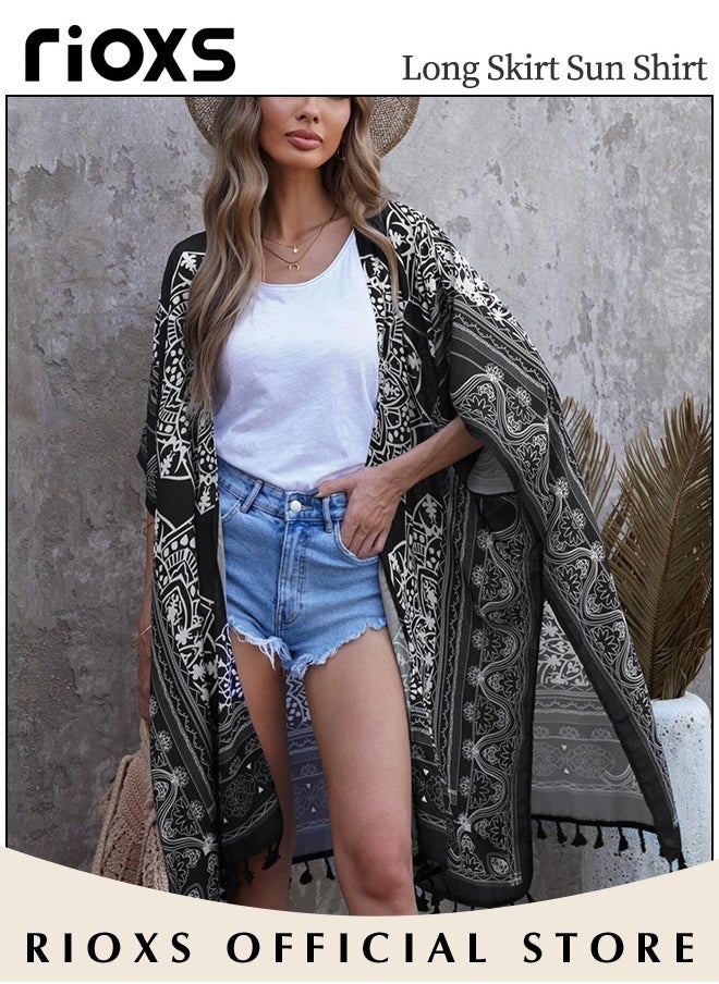 RIOXS - Women's Summer Fashion Printed Print Kimono Casual Open Front Cover up Long Cardigan Loose Beach Swimsuit Cover up - Image 1