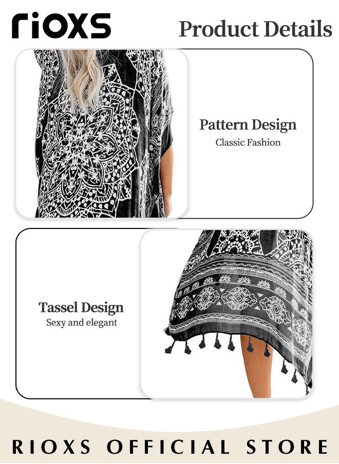 RIOXS - Women's Summer Fashion Printed Print Kimono Casual Open Front Cover up Long Cardigan Loose Beach Swimsuit Cover up - Image 1