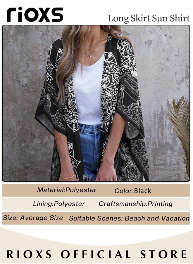 RIOXS - Women's Summer Fashion Printed Print Kimono Casual Open Front Cover up Long Cardigan Loose Beach Swimsuit Cover up - Image 1