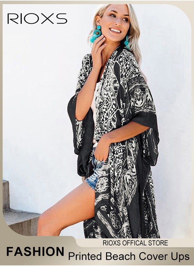 RIOXS - Women's Summer Fashion Printed Print Kimono Casual Open Front Cover up Long Cardigan Loose Beach Swimsuit Cover up - Image 1