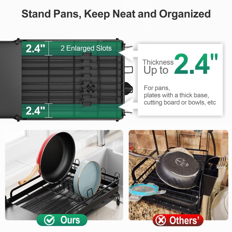 GSlife Large Expandable Dish Drying Rack for Kitchen Counter - Adjustable Dish Drainer with Pans Slots, Rust-Resistant Dish Rack with Utensil Holder and Drainboard, 16.5"-24.4" L x 12.6" W Black - Image 5