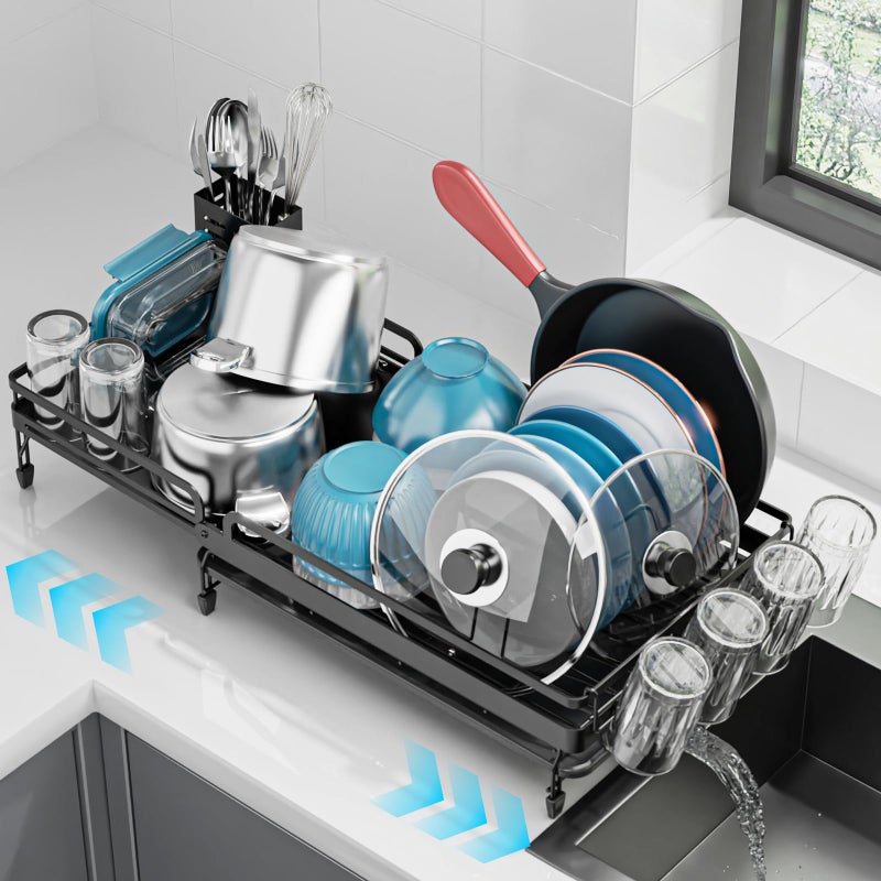 GSlife Large Expandable Dish Drying Rack for Kitchen Counter - Adjustable Dish Drainer with Pans Slots, Rust-Resistant Dish Rack with Utensil Holder and Drainboard, 16.5"-24.4" L x 12.6" W Black - Image 1