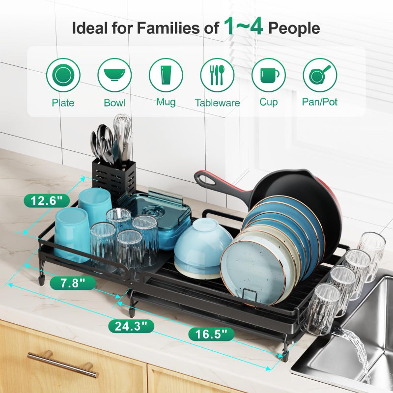 GSlife Large Expandable Dish Drying Rack for Kitchen Counter - Adjustable Dish Drainer with Pans Slots, Rust-Resistant Dish Rack with Utensil Holder and Drainboard, 16.5"-24.4" L x 12.6" W Black - Image 2