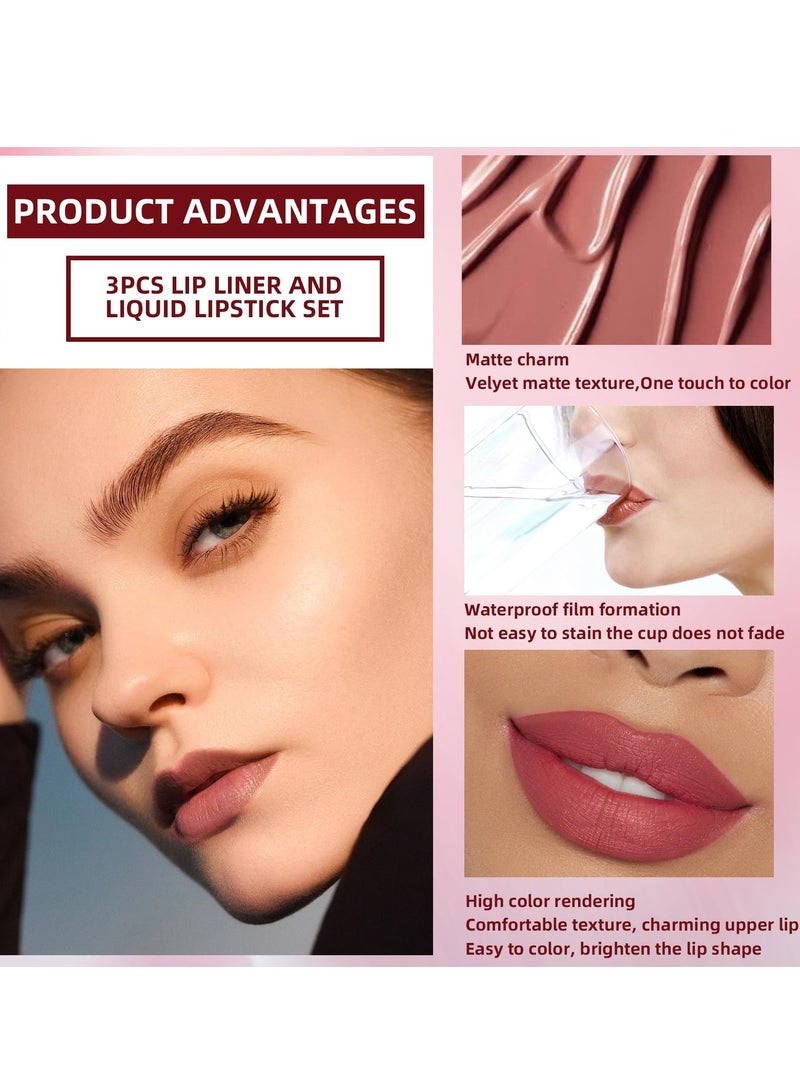 Excefore Matte Liquid Lipstick and Lip Liner Pens Set, 3 Pcs Waterproof and Long Lasting, Velvety Nude Smooth, 24 Horas Originales Makeup, Gloss Make up Gift Set - Image 5
