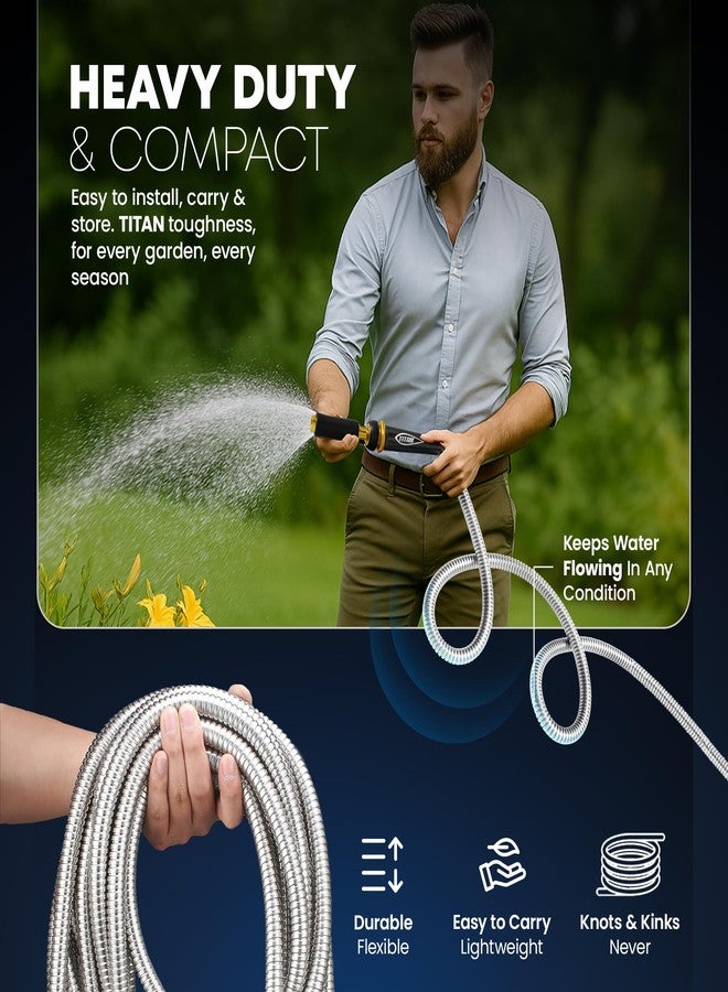 TITAN Garden Hose 25FT - 304 Stainless Steel Metal Water Hose, Flexible, Kink-Free, Lightweight, Durable, Crush Resistant Fittings, Easy to Coil, 500 PSI - Image 2