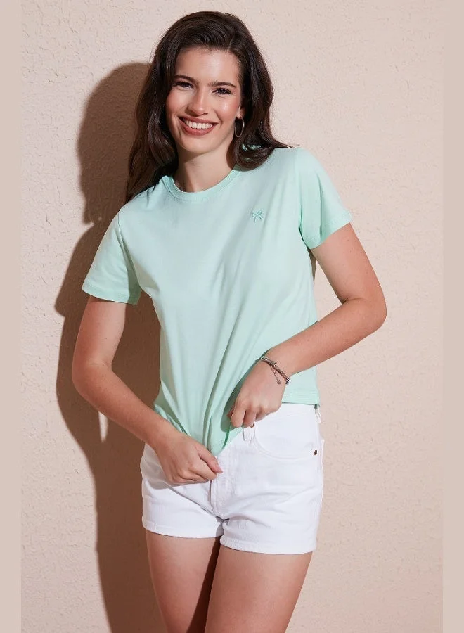 Lela Lela Cotton Slim Fit Crew Neck Minimal Embroidered Detailed T Shirt Women's T SHIRT 5866398