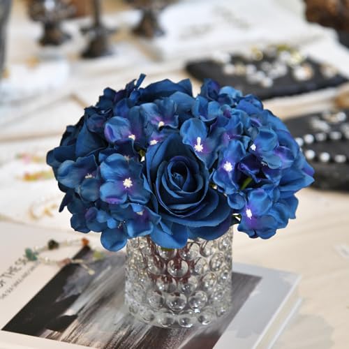 GreenHouzz Rose Silk Flower Arrangement Artificial Vivid Rose in Glass Vase with LED Light Elegant Centerpiece for Home Wedding Bathroom Table Shelf Decoration (Navy Blue) - Image 4