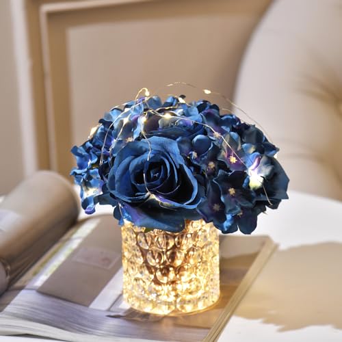GreenHouzz Rose Silk Flower Arrangement Artificial Vivid Rose in Glass Vase with LED Light Elegant Centerpiece for Home Wedding Bathroom Table Shelf Decoration (Navy Blue) - Image 3