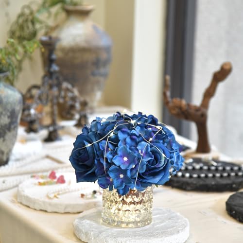 GreenHouzz Rose Silk Flower Arrangement Artificial Vivid Rose in Glass Vase with LED Light Elegant Centerpiece for Home Wedding Bathroom Table Shelf Decoration (Navy Blue) - Image 5