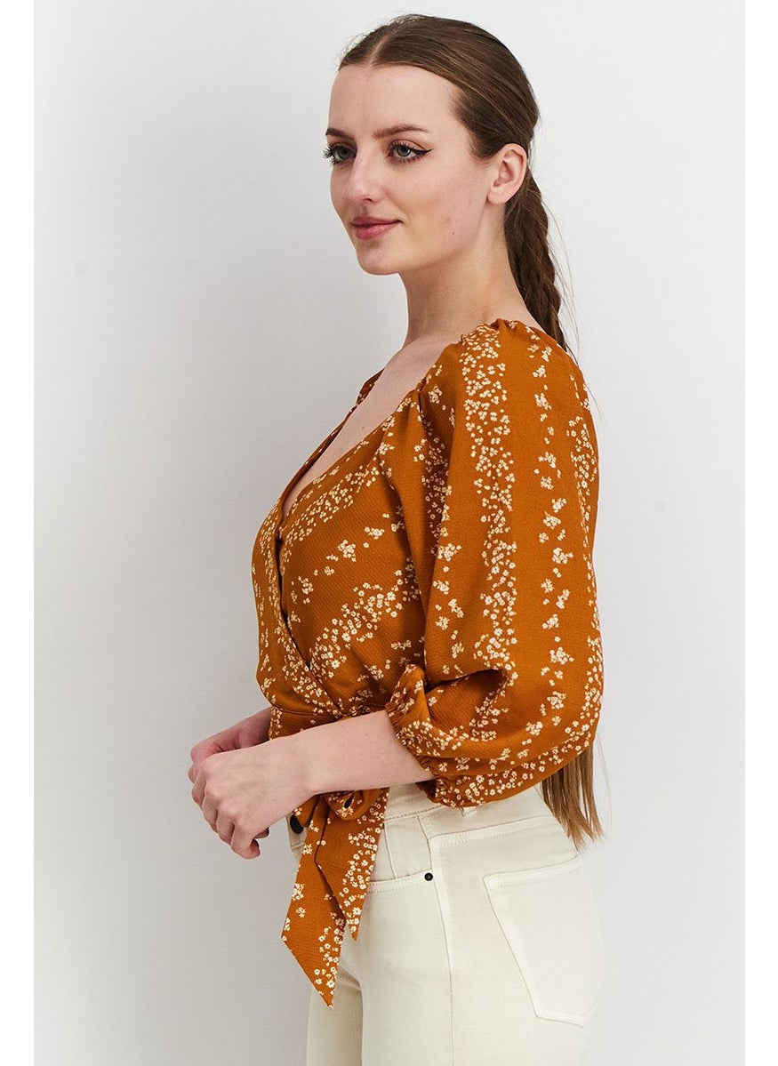BCBG Paris Women V-Neck Long Sleeves Floral Print Blouse, Brown  - Image 1