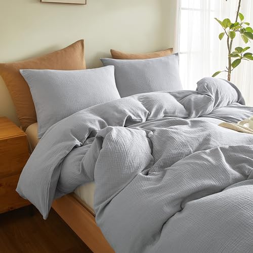 SE SOFTEXLY Muslin Duvet Cover King Size, 100% Washed Cotton Duvet Cover Set, Ultra Soft Comforter Cover Linen Like, 3 Pieces Minimalist Gauze Duvet Cover with 2 Pillowcases, 90"x104", Light Grey - Image 4