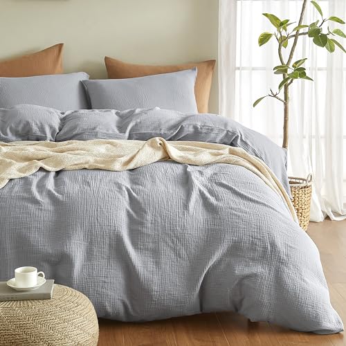 SE SOFTEXLY Muslin Duvet Cover King Size, 100% Washed Cotton Duvet Cover Set, Ultra Soft Comforter Cover Linen Like, 3 Pieces Minimalist Gauze Duvet Cover with 2 Pillowcases, 90"x104", Light Grey - Image 1