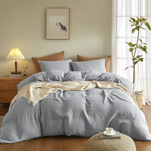 SE SOFTEXLY Muslin Duvet Cover King Size, 100% Washed Cotton Duvet Cover Set, Ultra Soft Comforter Cover Linen Like, 3 Pieces Minimalist Gauze Duvet Cover with 2 Pillowcases, 90"x104", Light Grey - Image 2