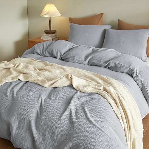 SE SOFTEXLY Muslin Duvet Cover King Size, 100% Washed Cotton Duvet Cover Set, Ultra Soft Comforter Cover Linen Like, 3 Pieces Minimalist Gauze Duvet Cover with 2 Pillowcases, 90"x104", Light Grey - Image 5