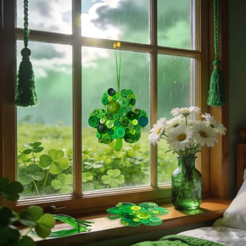 AUEKIV 12 Sets St. Patrick's Day Shamrock Craft Kit Irish Lucky Shamrock Cardstock Ribbon Buttons Four-Leaf Clover Hanging Ornament for St. Patrick's Day Party Favor Home Activities DIY Art Crafts - Image 5