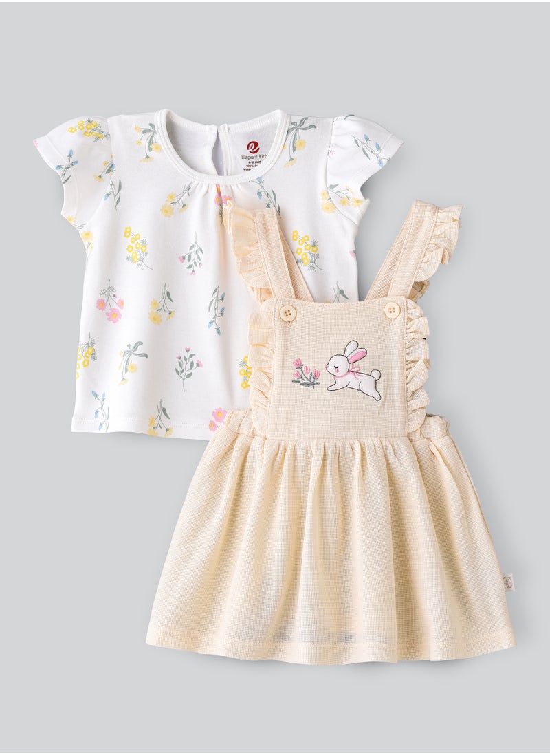 Elegant Kids Girls' Bunny Embroidered Dungaree Dress & Floral Tee Set  - Image 1