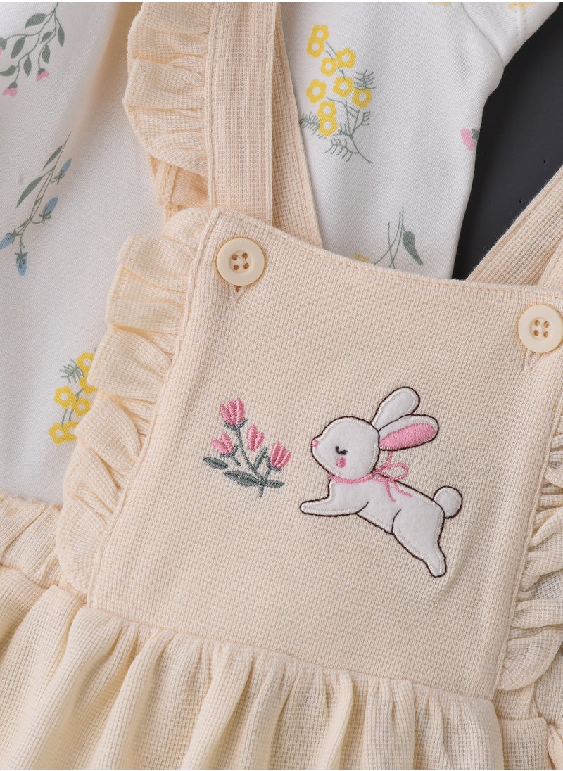 Elegant Kids Girls' Bunny Embroidered Dungaree Dress & Floral Tee Set  - Image 3