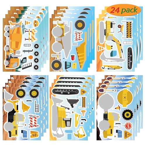 OTAITY 24 Sheets Make Your Own Construction Vehicle Stickers for Kids Boys MakeaFace Engineering Vehicles Fire Trucks Excavator for Construction Themed Party Favors - Image 1