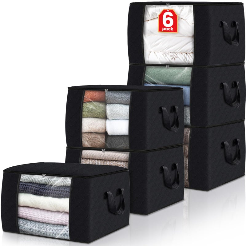 Fab totes 6 Pack Clothes Storage Foldable Thick Fabric Blanket Storage Bags Containers for Organizing Bedroom Closet Clothing ComforterCloset Organization with HandleBlack