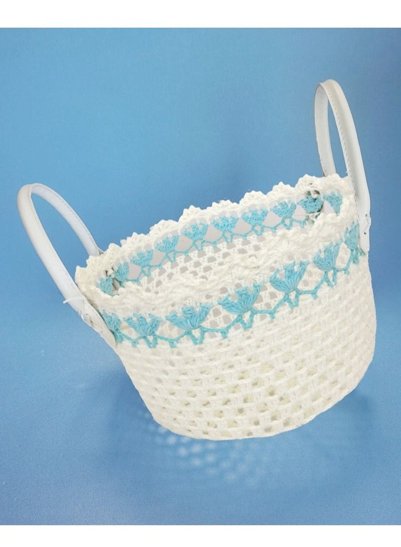 سلة لون أبيض وأزرق فاتح من القطن الطبيعي متعددة الاستخدامات قياس 23 في 15 سم - Image 4