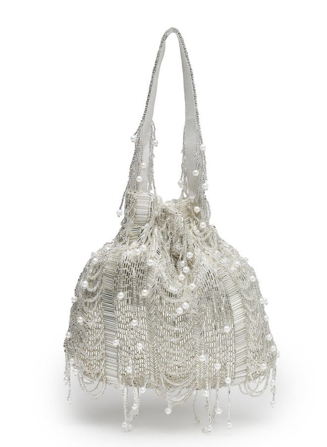 Anekaant Droop Silver & White Striped Embellished Faux Silk Potli - Image 4