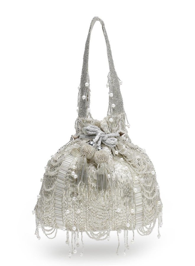 Anekaant Droop Silver & White Striped Embellished Faux Silk Potli - Image 1