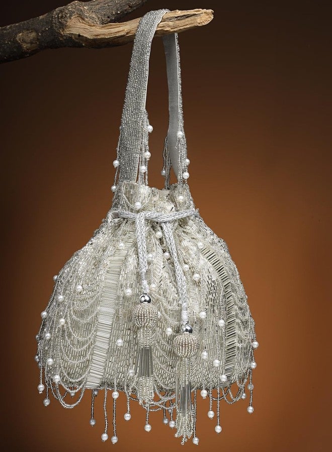 Anekaant Droop Silver & White Striped Embellished Faux Silk Potli - Image 3