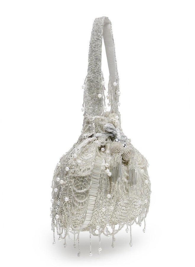 Anekaant Droop Silver & White Striped Embellished Faux Silk Potli - Image 5