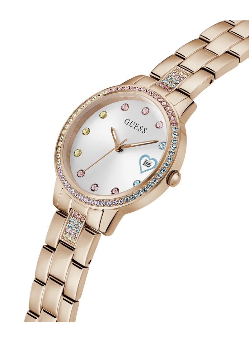 GUESS Ladies Three Of Hearts Round Rose Gold Tone Stainless Steel Watch GW0657L3 - 34mm  - Image 2