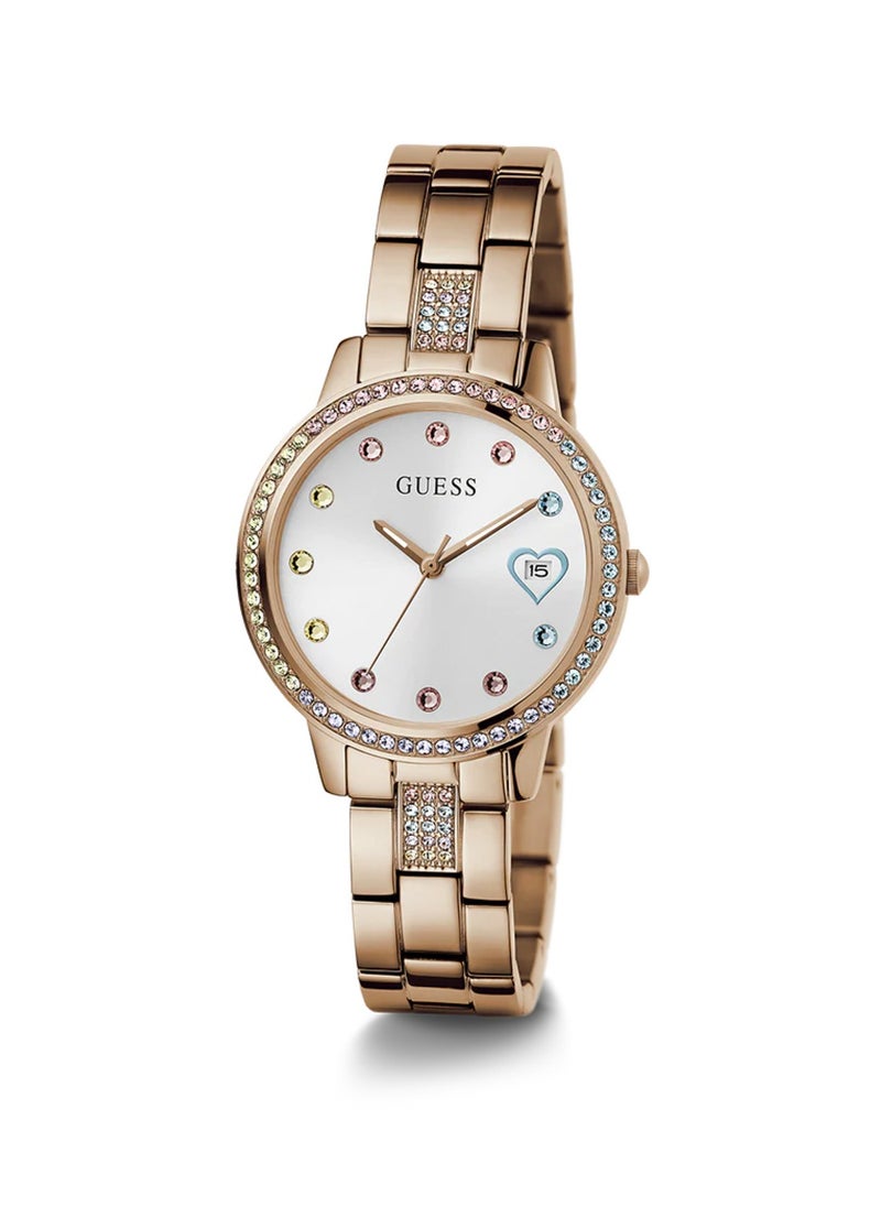 GUESS Ladies Three Of Hearts Round Rose Gold Tone Stainless Steel Watch GW0657L3 - 34mm  - Image 5