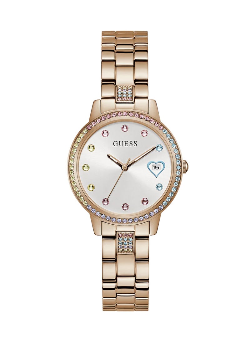 GUESS Ladies Three Of Hearts Round Rose Gold Tone Stainless Steel Watch GW0657L3 - 34mm  - Image 1
