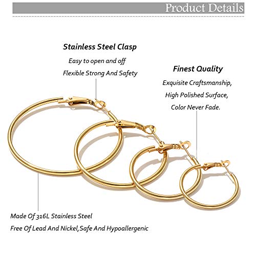 Cuicanstar 5 Pairs Gold Plated Hoop Earrings for Women, 14K Gold Plated Hypoallergenic Stainless Steel Hoop Earrings Set, Lightweight Large Small Gold Hoops Set - Image 4