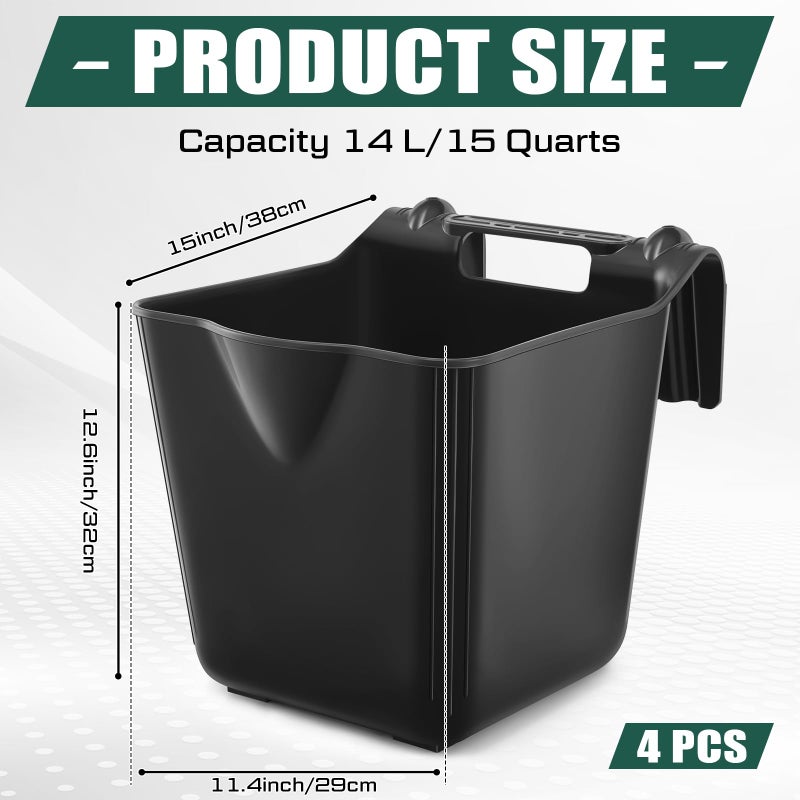 Marsui 4 Pack 15 Quart Horse Feeders for Stall Hook Over Hanging Fence Hay Feeder Mountable Livestock Plastic Feed Bucket for Farm Stalls Pasture, Stable to Feed Horses Sheep Cattle Cows Etc(Black) - Image 2