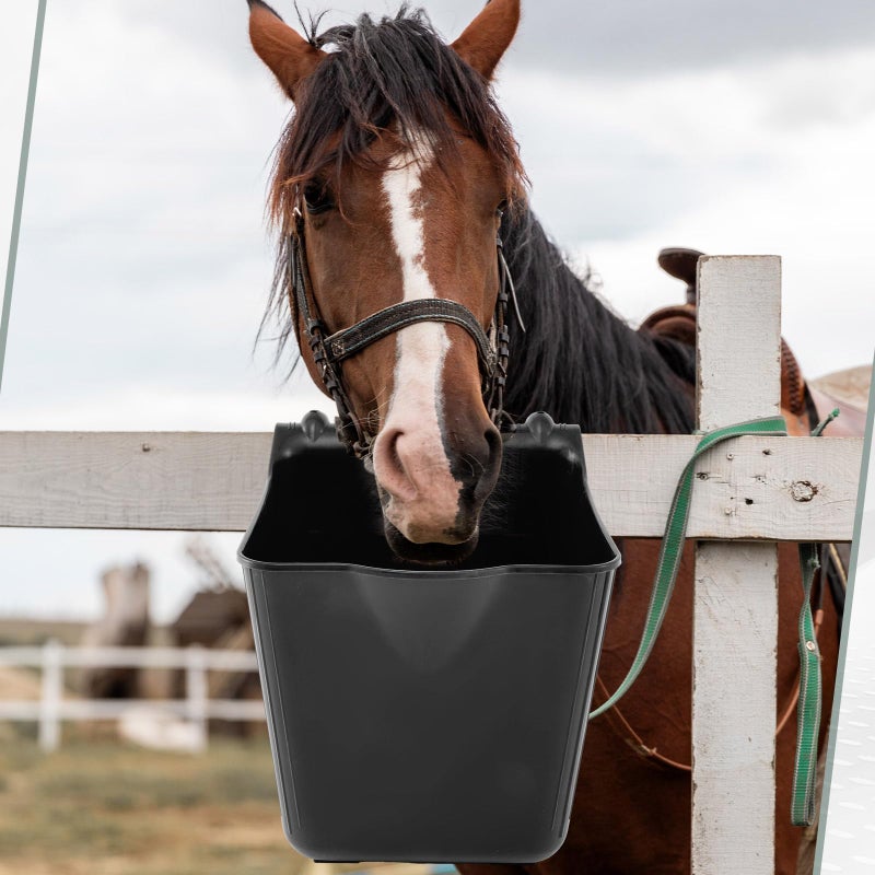 Marsui 4 Pack 15 Quart Horse Feeders for Stall Hook Over Hanging Fence Hay Feeder Mountable Livestock Plastic Feed Bucket for Farm Stalls Pasture, Stable to Feed Horses Sheep Cattle Cows Etc(Black) - Image 5