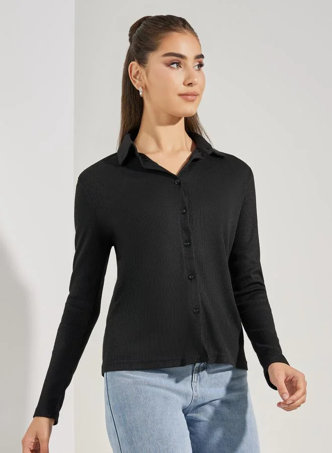 Styli Solid Waffle Knit Buttoned Down Shirt