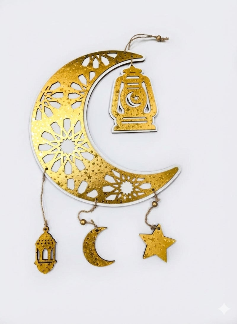 يوويل قلادة خشبية ذهبية على شكل هلال ونجمة، زينة معلقة لرمضان والعيد، قلادة جدارية لعيد مبارك، زينة معلقة على الباب لرمضان كريم، ديكور منزلي للمناسبات الإسلامية