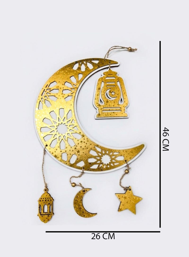 يوويل Wooden Pendant Gold Moon & Star Hanging Decoration for Ramadan & Eid, Eid Mubarak Wall Pendant, Ramadan Kareem Door Hanging Ornament, Islamic Festival Home Décor 46X26CM - Image 2