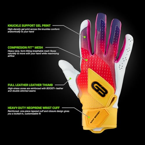 Grip Boost Baseball Batting Gloves with Boost Plus Leather Adult and Youth Sizes for Men and Youth Players Sunset Youth Medium - Image 3